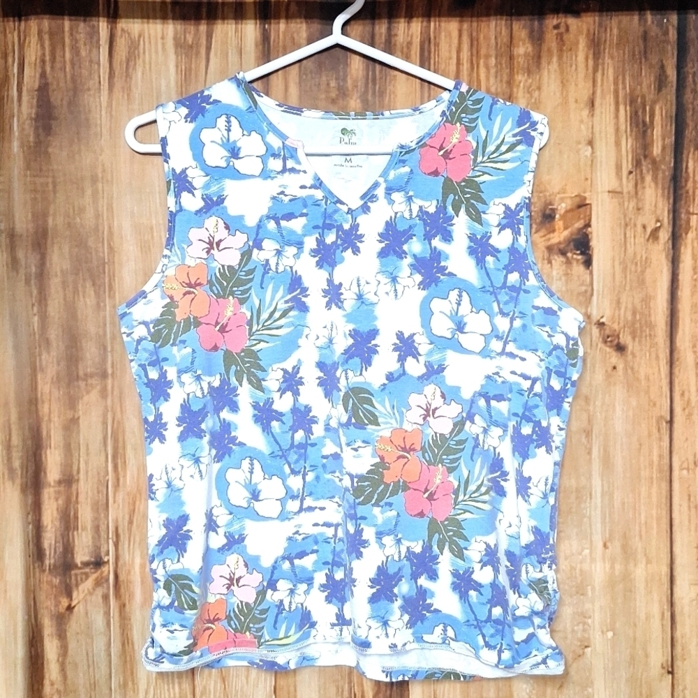 PALM HARBOUR SIZE MEDIUM FLORAL PRINT BLUE SLEEVELESS TOP